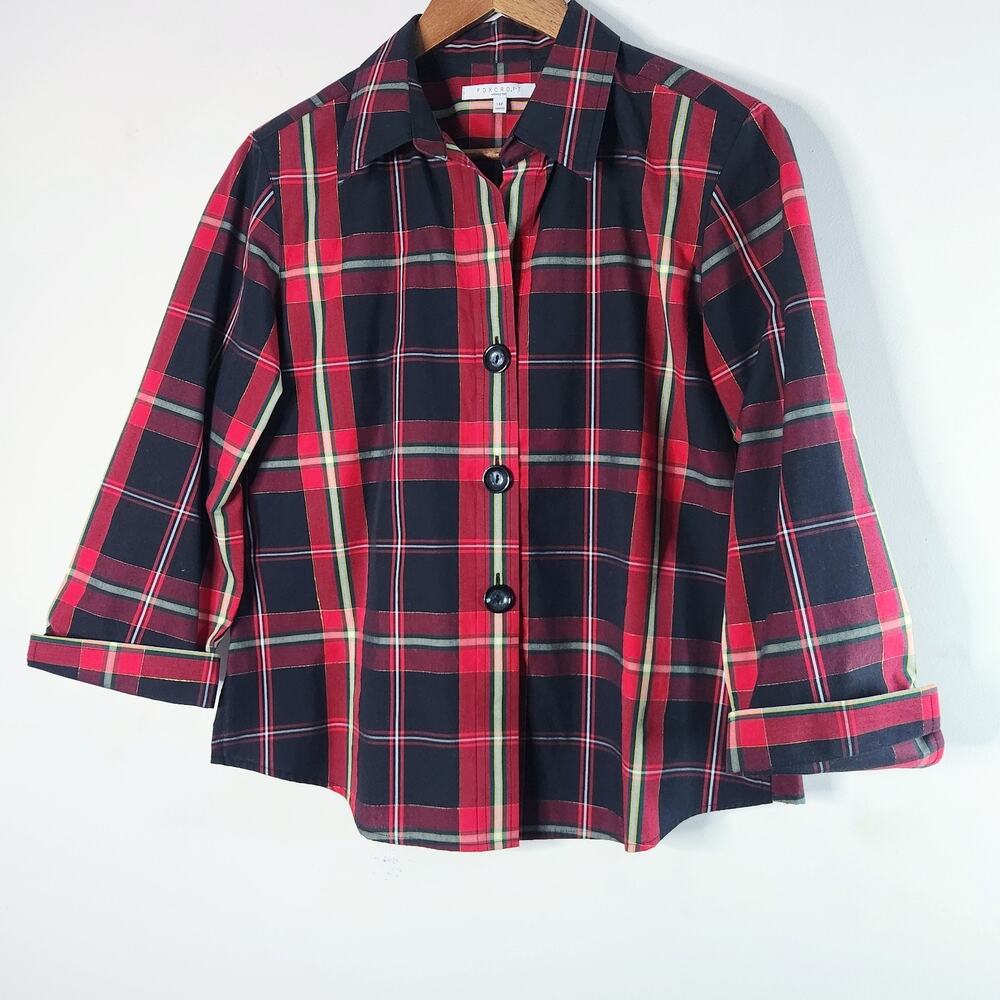 Foxcroft Womens Black Red Plaid 3/4 Sleeve Button Up Blouse Size 14P Career